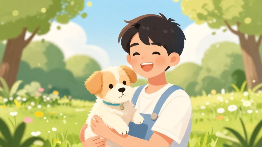 Illustration%20of%20a%20young%20person%20smiling%20joyfully%20holding%20a%20small%20puppy%2C%20bright%20colors%2C%20sunny%20park%20background%2C%20illustrated%20style