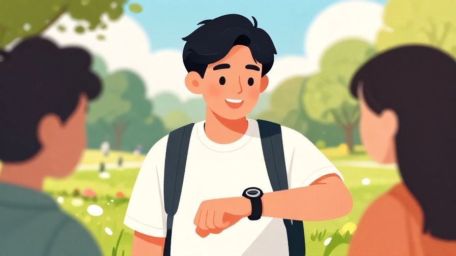 Illustration%20of%20a%20young%20person%20smiling%20and%20looking%20at%20a%20watch%20while%20talking%20to%20a%20friend%2C%20with%20a%20colorful%20park%20background%2C%20bright%20colors%2C%20illustrated%20style