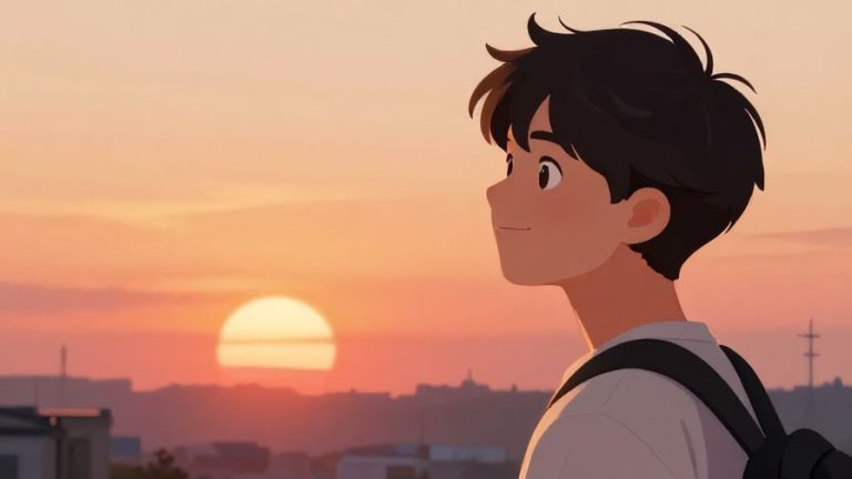 Illustration%20of%20a%20young%20person%20smiling%20while%20looking%20at%20a%20sunset%2C%20soft%20glowing%20light%2C%20vibrant%20colors%2C%20illustrated%20style