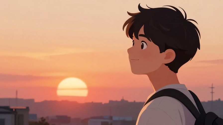 Illustration%20of%20a%20young%20person%20smiling%20while%20looking%20at%20a%20sunset%2C%20soft%20glowing%20light%2C%20vibrant%20colors%2C%20illustrated%20style