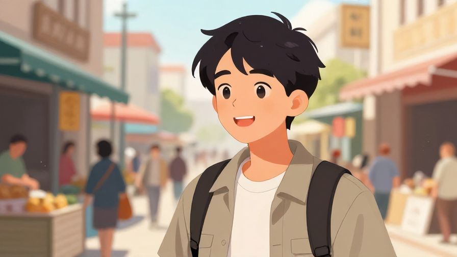 Illustration%20of%20a%20young%20person%20speaking%20very%20casually%20with%20a%20slight%20smile%20and%20a%20street%20market%20background.