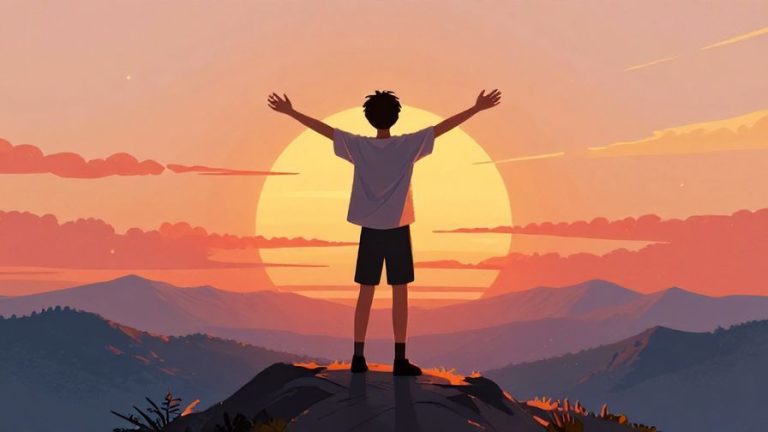 Illustration%20of%20a%20young%20person%20standing%20on%20a%20mountaintop%2C%20arms%20outstretched%2C%20watching%20a%20vibrant%20sunset%20with%20a%20sense%20of%20freedom%2C%20detailed%20background%2C%20vibrant%20colors%2C%20illustrated%20style