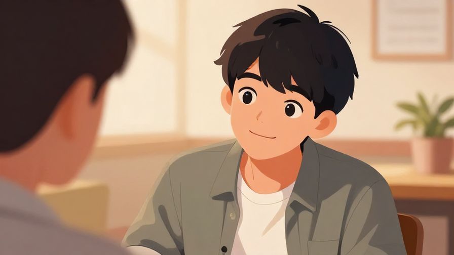 Illustration%20of%20a%20young%20person%20tilting%20head%20slightly%2C%20smiling%20and%20politely%20asking%20someone%20to%20slow%20down%20speech%2C%20indoor%20setting%2C%20warm%20colors%2C%20illustrated%20style