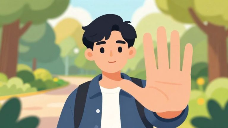 Illustration%20of%20a%20young%20person%20with%20a%20firm%20but%20gentle%20expression%2C%20holding%20a%20hand%20up%20to%20stop%20someone%27s%20speech%2C%20colorful%20park%20background%2C%20illustrated%20style