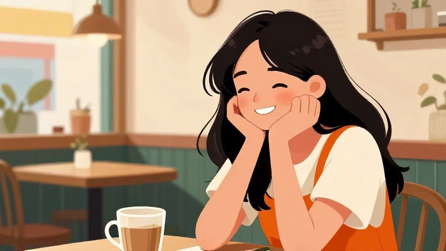 Illustration%20of%20a%20young%20woman%20laughing%20sheepishly%20in%20a%20cozy%20cafe%20scene%2C%20vibrant%20colors%2C%20illustrated%20style