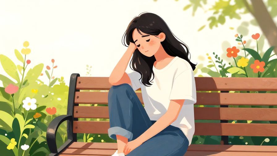 Illustration%20of%20a%20young%20woman%20sitting%20on%20a%20bench%2C%20looking%20unwell%20but%20casual%2C%20soft%20sunlight%20and%20flowers%20around%20her%2C%20vibrant%20colors%2C%20illustrated%20style