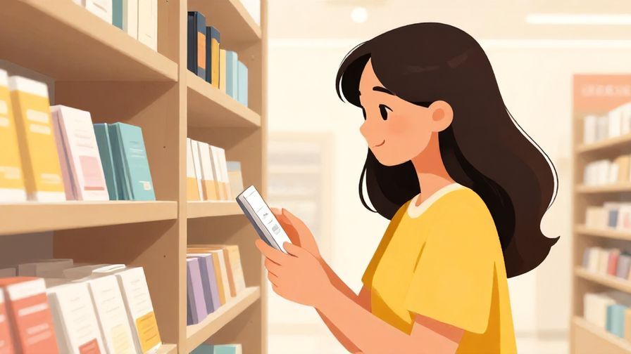 Illustration%20of%20a%20young%20woman%20smiling%20while%20looking%20at%20a%20product%20in%20a%20shop%2C%20bright%20colors%2C%20illustrated%20style