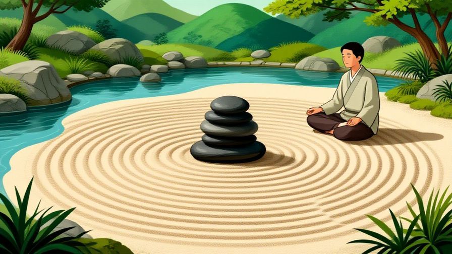 Illustration%20of%20a%20Zen%20garden%20with%20carefully%20raked%20sand%2C%20a%20calm%20pond%2C%20and%20a%20person%20meditating%20peacefully%2C%20detailed%20background%2C%20vibrant%20colors%2C%20illustrated%20style