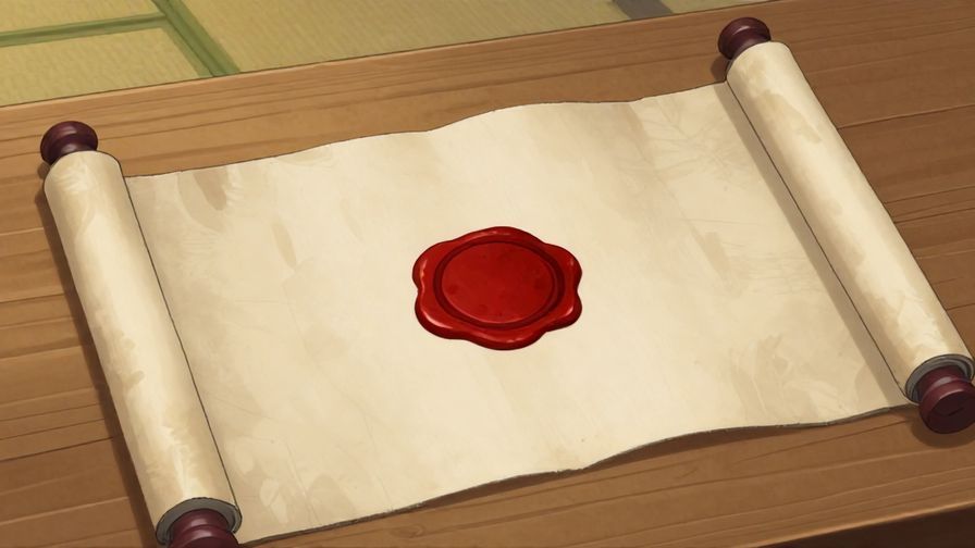 Illustration%20of%20an ancient scroll sealed with a wax stamp on a wooden table, traditional Japanese setting