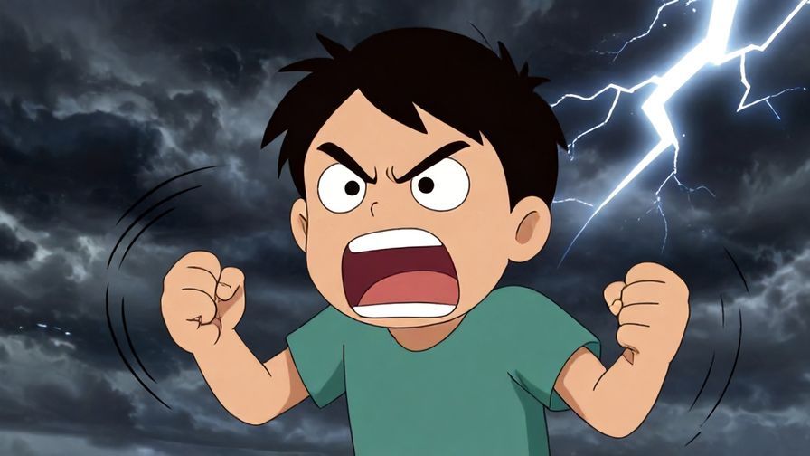 Illustration%20of%20an angry character shouting with clenched fists%2C motion lines showing intensity%2C dark stormy sky with lightning%2C cartoon style