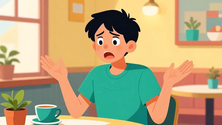 Illustration%20of%20an animated person with a playful, exasperated expression, hands raised as if explaining, colorful indoor cafe setting