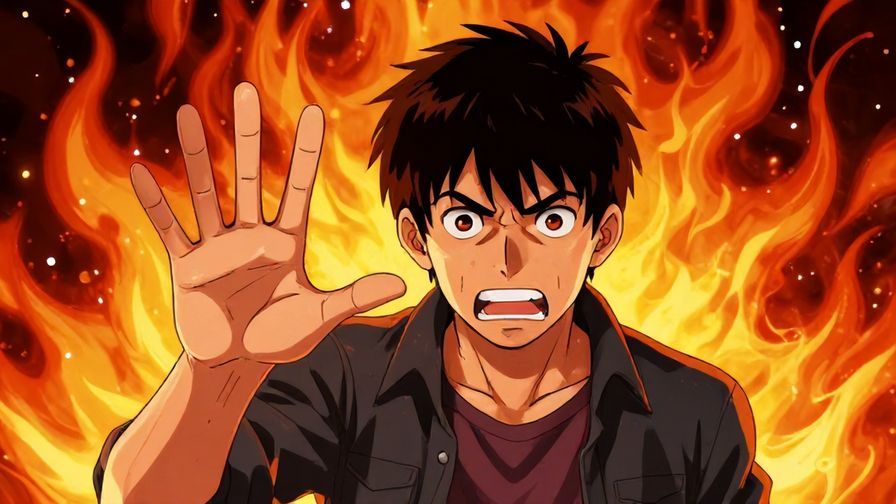 Illustration%20of%20an annoyed person waving their hand aggressively%2C fiery background%2C expressive and vivid colors