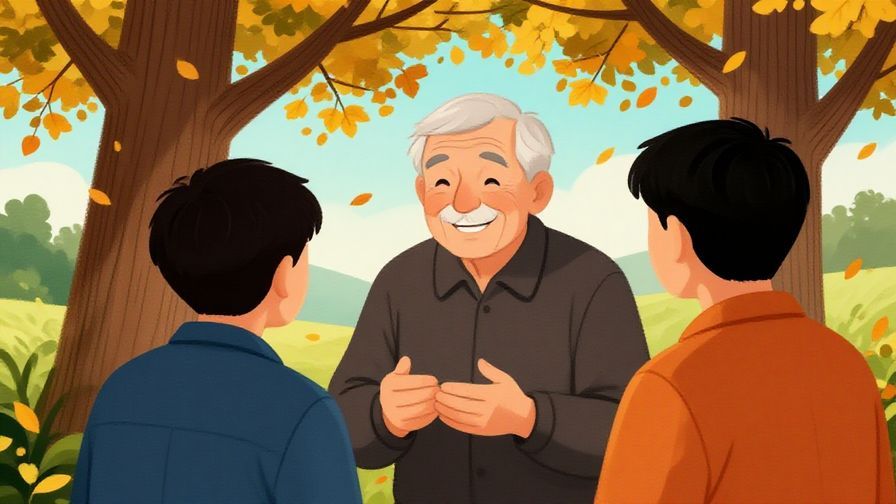Illustration%20of%20an elderly person smiling warmly while telling a story to a younger listener under a tree with falling leaves, symbolizing the odd but sweet nature of fate, detailed background, vibrant colors, illustrated style