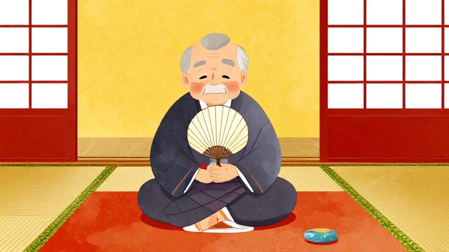Illustration%20of%20an elderly person%20using%20a%20fan%20in%20a%20traditional%20Japanese%20room%20with%20tatami%20mats%2C%20vibrant%20colors%2C%20illustrated%20style