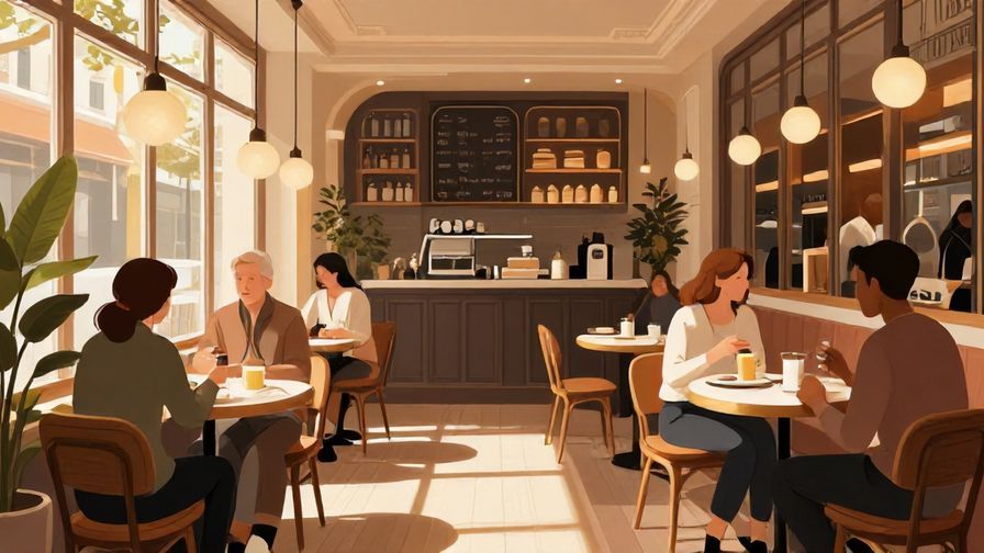 Illustration%20of%20an elegant café with customers relaxing in the afternoon sun, warm and inviting atmosphere
