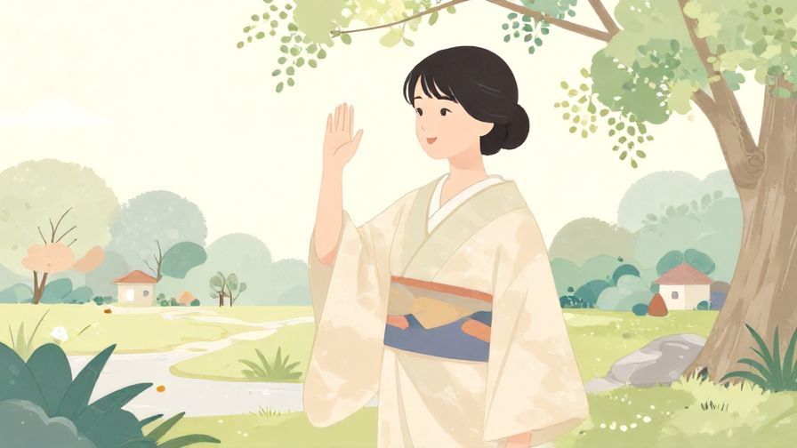 Illustration%20of%20an elegant person waving goodbye in a garden, soft pastel colors, traditional Japanese style