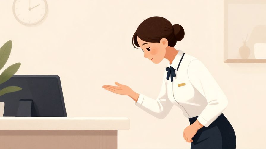 Illustration%20of%20an elegant receptionist bowing slightly while gesturing left, soft pastel indoor setting, illustrated style