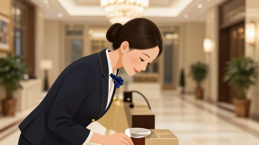 Illustration%20of%20an elegant receptionist%20bowing%20slightly%20with%20a%20gentle%20smile%20in%20a%20luxurious%20hotel%20lobby%20with%20soft%20lighting.