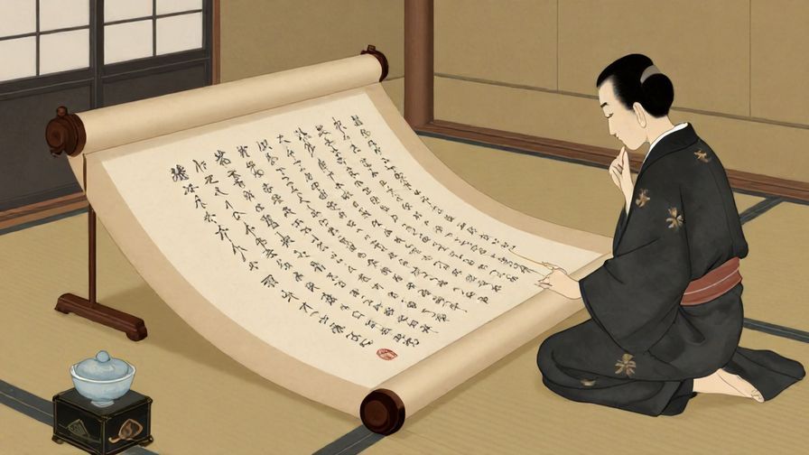 Illustration%20of%20an elegant scroll or document with a person thoughtfully reviewing it in a traditional Japanese room