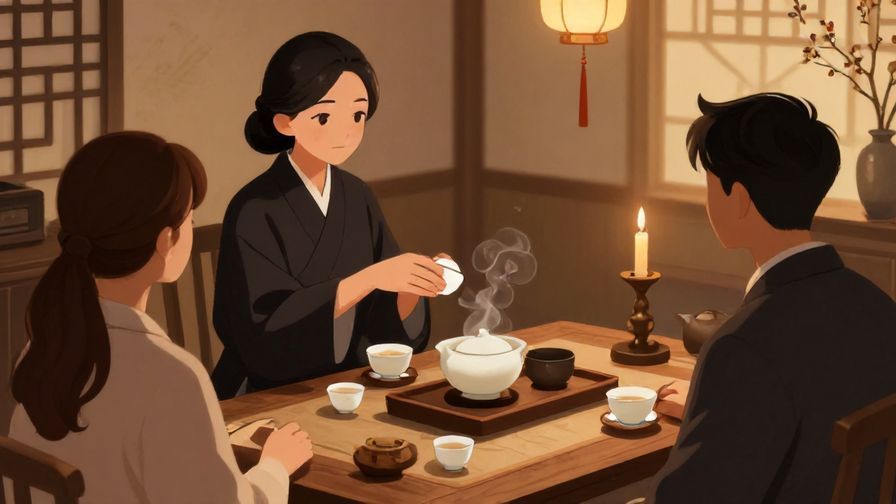 Illustration%20of%20an elegant tea ceremony setting where the host politely invites the guest to choose their tea, warm lighting, refined atmosphere.