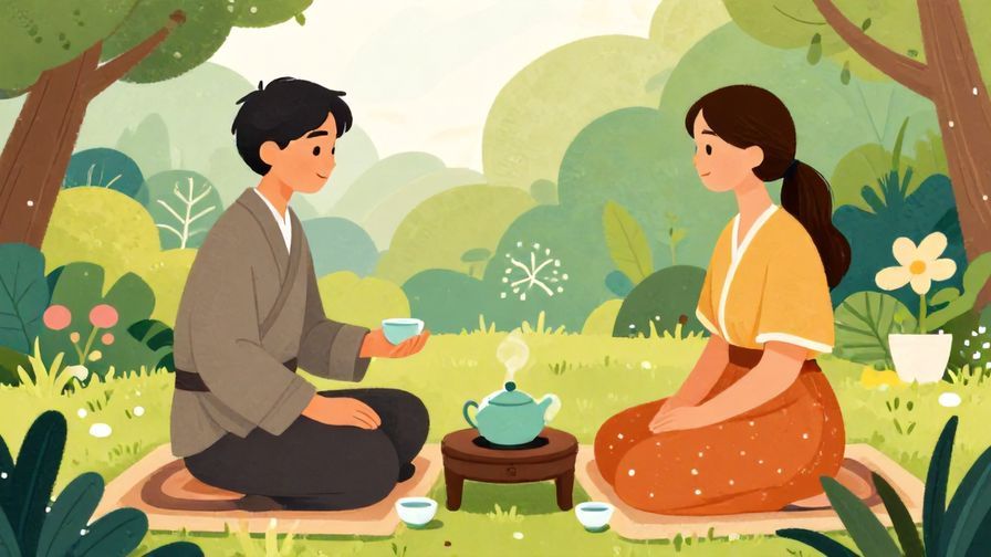 Illustration%20of%20an elegant tea ceremony with two people sharing a quiet moment, symbolizing respect and forgiveness, with a serene garden in the background, vibrant colors, illustrated style