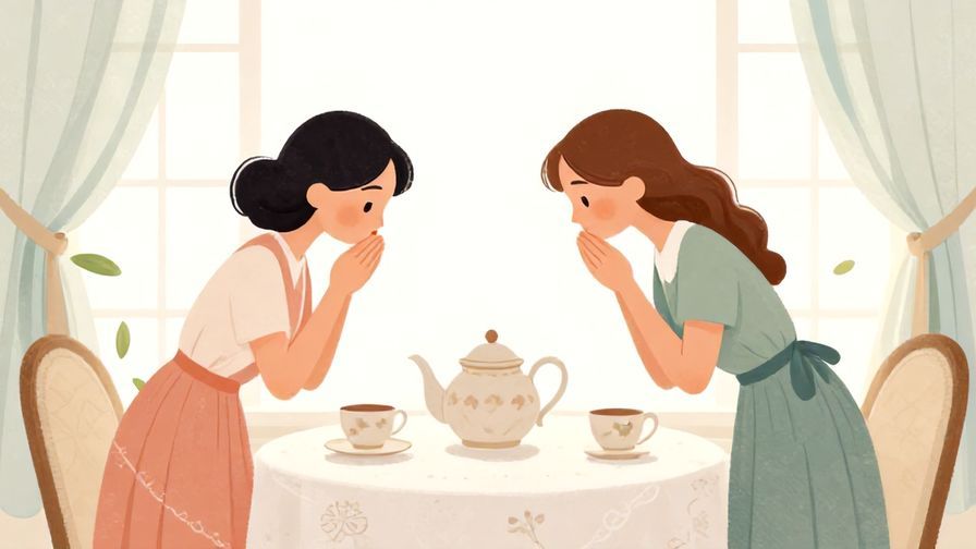Illustration%20of%20an elegant tea room with two ladies bowing politely to each other, soft pastel colors, illustrated style