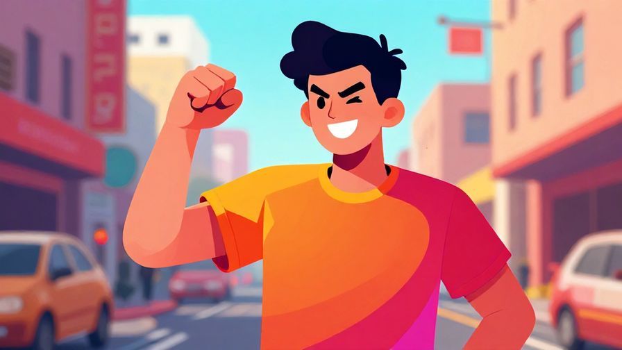 Illustration%20of%20an energetic young person pumping a fist with a fierce smile, urban street background, vibrant colors