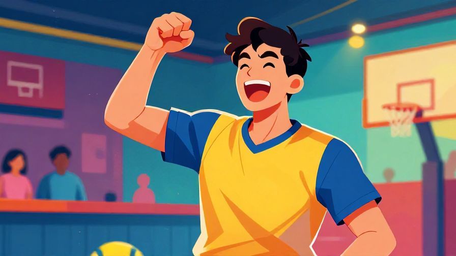 Illustration%20of%20an excited young man pumping his fist%20with%20joy%20in%20a%20game%20room%2C%20vibrant%20colors%2C%20dynamic%20lighting%2C%20illustrated%20style