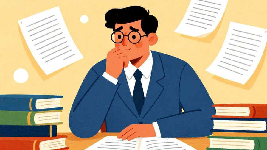 Illustration%20of%20an intellectual character pondering with books and papers around, formal setting, vibrant colors, illustrated style