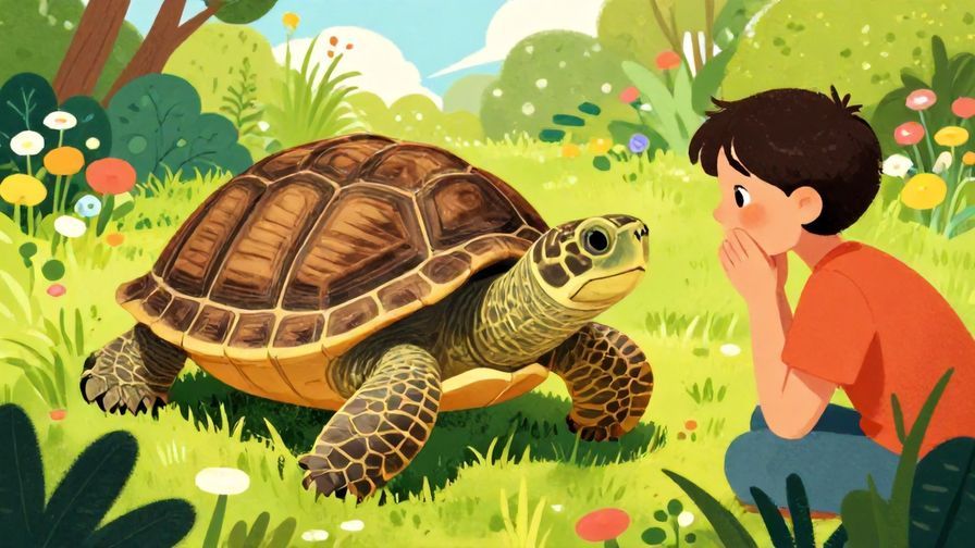 Illustration%20of%20an old turtle with a beautifully textured shell, next to a young person listening attentively, bright garden background, vibrant colors, illustrated style