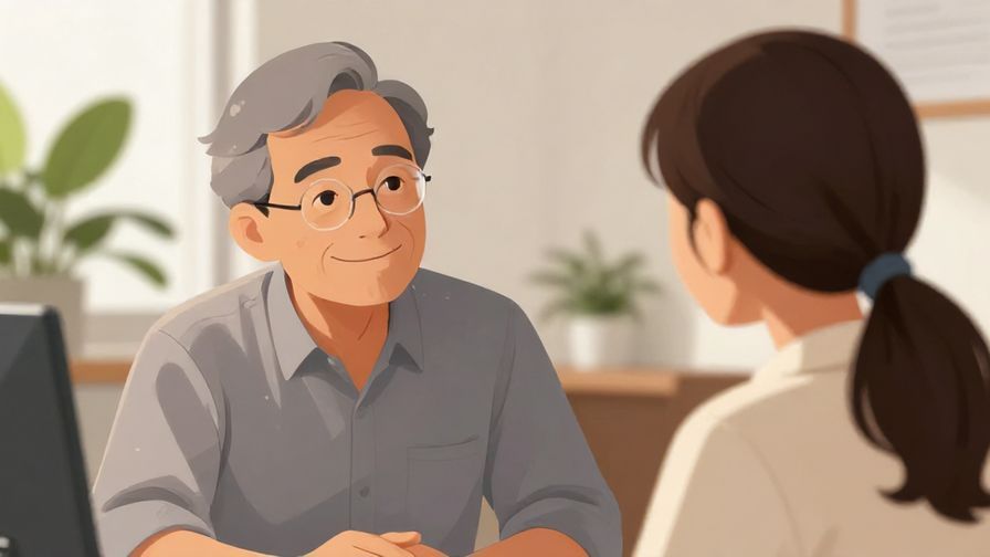 Illustration%20of%20an older mentor smiling fondly at a younger colleague, soft office background with plants