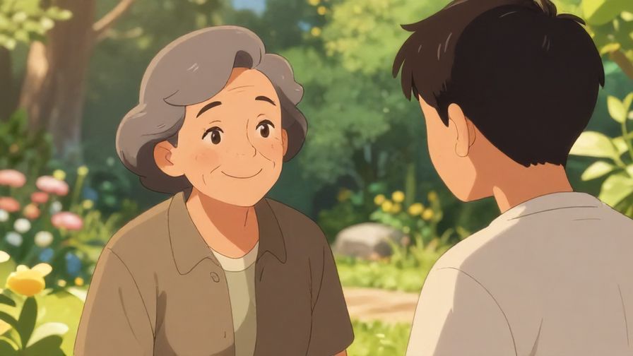 Illustration%20of%20an older person smiling warmly at a younger friend, soft natural light, peaceful garden setting