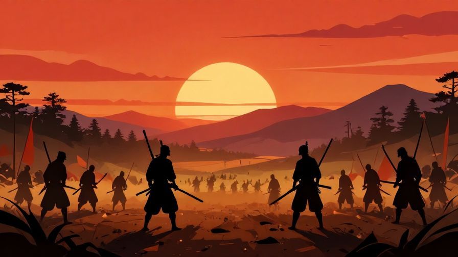 Illustration%20of%20an%20ancient%20Japanese%20battlefield%20with%20samurai%20silhouettes%20against%20a%20sunset%20sky%2C%20vibrant%20colors%2C%20illustrated%20style
