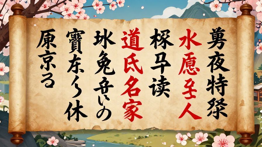 Illustration%20of%20an%20ancient%20scroll%20with%20vibrant%20Japanese%20calligraphy%20symbols%20representing%20revenge%20and%20honor%2C%20with%20cherry%20blossoms%20and%20mountains%20in%20the%20background%2C%20detailed%20background%2C%20vibrant%20colors%2C%20illustrated%20style