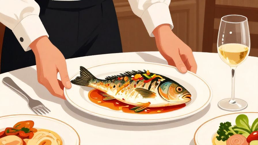 Illustration%20of%20an%20elegant%20dining%20table%20with%20a%20sea%20bream%20dish%20being%20served%2C%20formal%20setting%2C%20warm%20lighting%2C%20vibrant%20colors%2C%20illustrated%20style