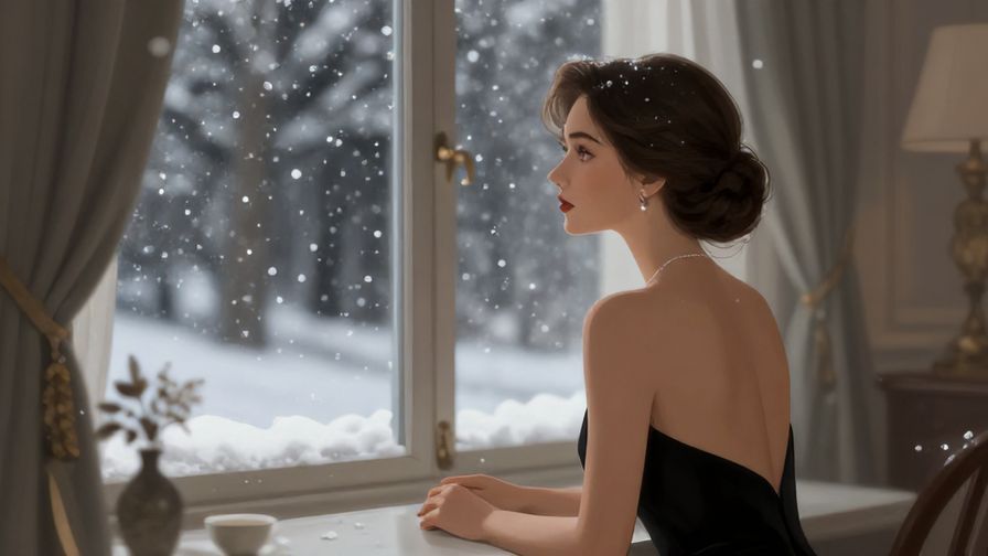 Illustration%20of%20an%20elegant%20lady%20looking%20out%20a%20window%20at%20the%20first%20snowflakes%20falling%2C%20refined%20indoor%20setting