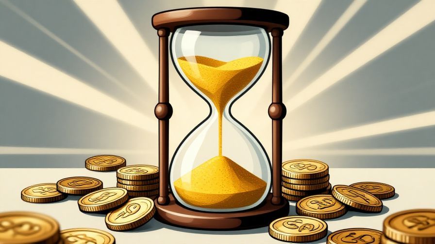 Illustration%20of%20an%20hourglass%20with%20golden%20sand%20flowing%20and%20coins%20around%20it%2C%20bright%20background%20with%20light%20rays%2C%20illustrated%20style