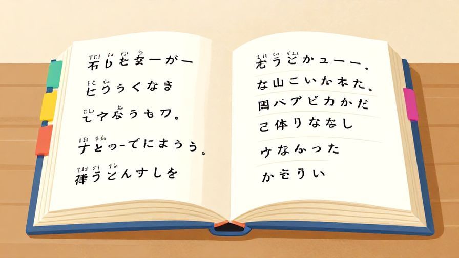 Illustration%20of%20an%20open%20Japanese%20dictionary%20with%20colorful%20tabs%20marking%20different%20expressions%2C%20a%20calm%20room%20background%2C%20vibrant%20colors%2C%20illustrated%20style