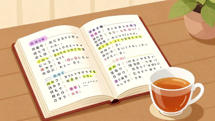 Illustration%20of%20an%20open%20Japanese%20dictionary%20with%20colorful%20highlighted%20words%2C%20a%20cup%20of%20tea%20beside%20it%2C%20and%20a%20softly%20lit%20room%20background%2C%20warm%20colors%2C%20illustrated%20style