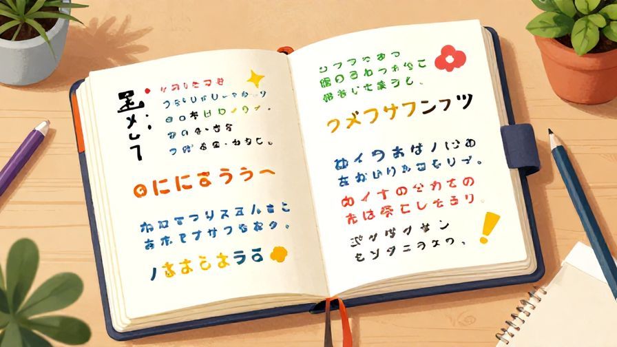 Illustration%20of%20an%20open%20notebook%20with%20colorful%20Japanese%20example%20phrases%20floating%20around%2C%20detailed%20background%20of%20a%20study%20desk%20with%20plants%20and%20stationery%2C%20vibrant%20colors%2C%20illustrated%20style