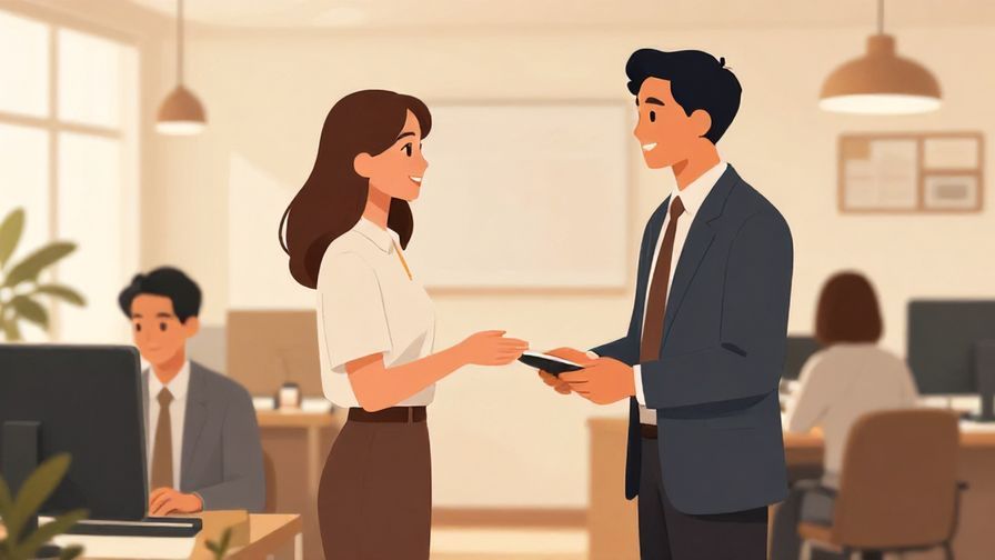 Illustration%20of%20colleagues greeting each other politely after work, office background, warm indoor lighting