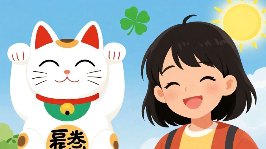 Illustration%20of%20colorful%20Japanese%20lucky%20symbols%20like%20maneki-neko%2C%20four-leaf%20clover%2C%20and%20sunshine%20with%20a%20cheerful%20person%20smiling%20under%20a%20bright%20sky%2C%20detailed%20background%2C%20vibrant%20colors%2C%20illustrated%20style