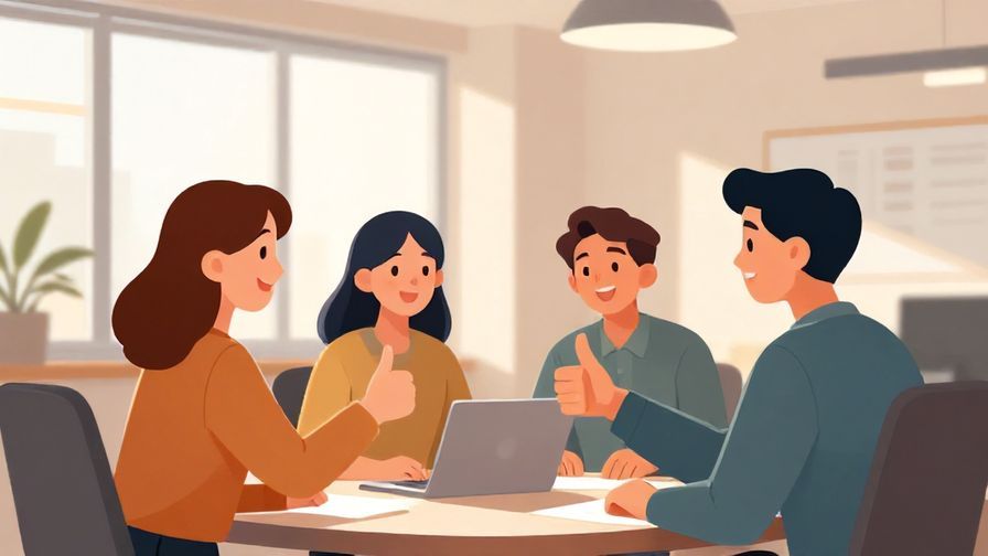 Illustration%20of%20coworkers smiling and giving each other thumbs up in an office, afternoon light streaming in