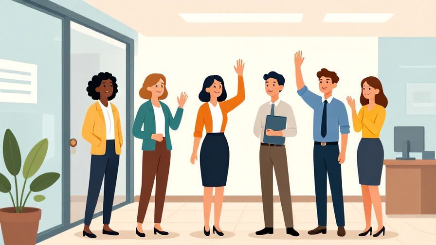 Illustration%20of%20coworkers smiling and waving goodbye in an office corridor%2C%20bright%20colors%2C%20illustrated%20style