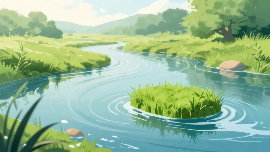 Illustration%20of%20floating grass drifting gently down a lazy river, peaceful and light atmosphere