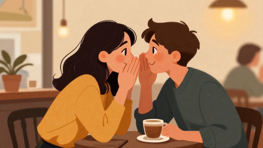 Illustration%20of%20friends in a quiet café whispering and smiling, cozy atmosphere, warm lighting, illustrated style