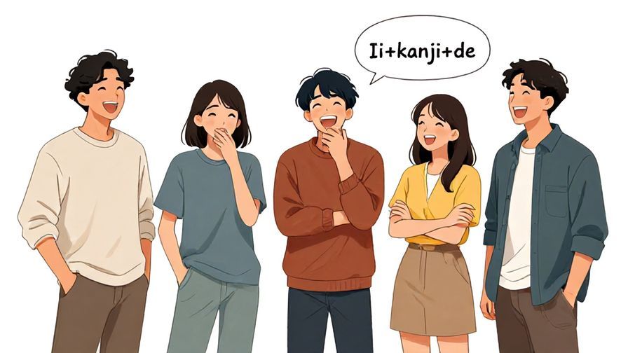 Illustration%20of%20friends laughing and posing casually, a person saying “Ii kanji de” with relaxed body language