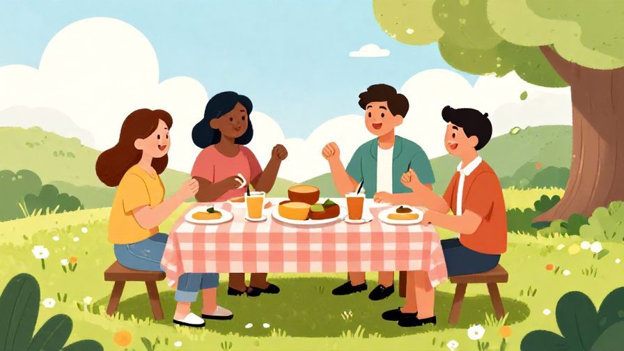 Illustration%20of%20friends sitting at a picnic table outdoors enjoying a sunny afternoon, cheerful expressions