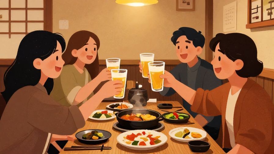 Illustration%20of%20friends%20raising%20glasses%20and%20eating%20together%20at%20an%20izakaya%20style%20restaurant%2C%20warm%20lighting%2C%20joyful%20expressions%2C%20illustrated%20style