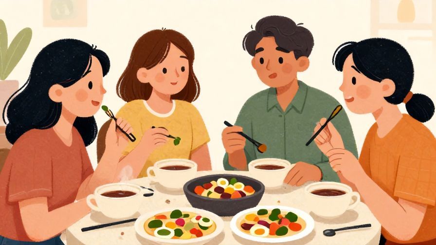 Illustration%20of%20friends%20trying%20new%20food%20together%2C curious expressions%2C colorful dishes%2C illustrated style